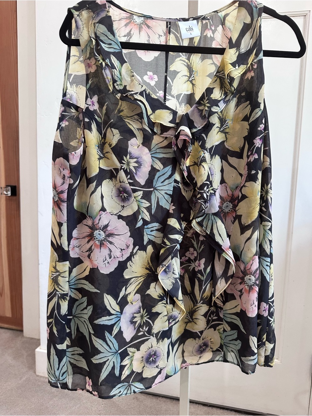 CAbi Floral Sleeveless Shell in Black and Pastel Prints